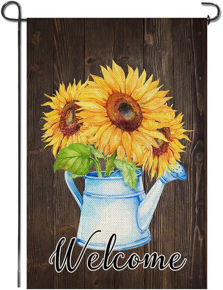 Welcome Sunflower Watering Can Flowers Burlap Garden Flag, Double Sided Seasonal Summer Fall Home Decor Outdoor Decorative Small Flags for Yard Lawn Patio Farmhouse, 12.5 x 18.5 inch