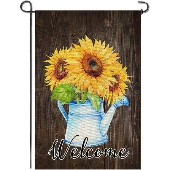 Welcome Sunflower Watering Can Flowers Burlap Garden Flag, Double Sided Seasonal Summer Fall Home Decor Outdoor Decorative Small Flags for Yard Lawn Patio Farmhouse, 12.5 x 18.5 inch