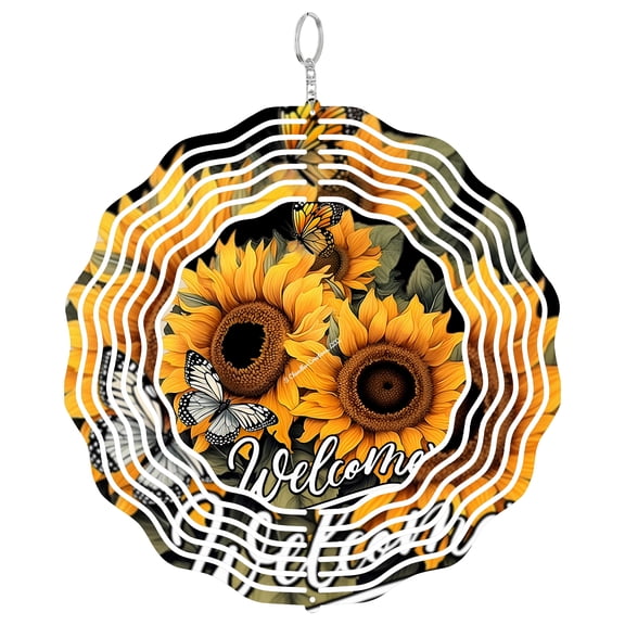 Welcome Sunflower Yellow Floral 3D Wind Spinner, Nature Inspired Kinetic Sculpture, Summer Yard Decoration
