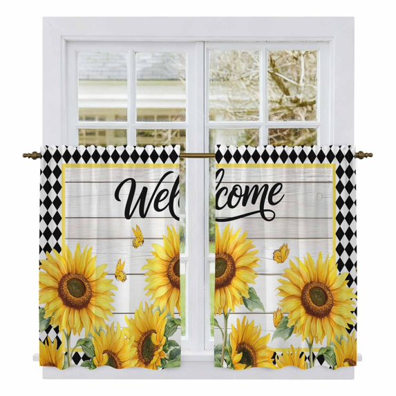 Welcome Sunflowers Kitchen Curtains 45 Inch Length, Floral Black Checker Rustic Wooden Tiers Curtains for Bathroom Bedroom Cafe, Light Filtering Small Window Treatment Short Drapes 2 Panels 42"Wx45"L
