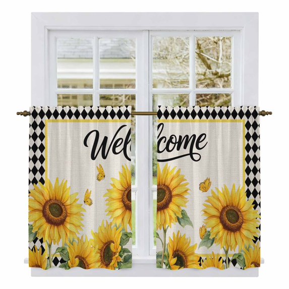 Welcome Sunflowers Kitchen Curtains 54 Inch Length, Floral Black Checker Rustic Tiers Curtains for Bathroom Bedroom Cafe, Light Filtering Small Window Treatment Short Tiered Drapes 2 Panels 42"Wx54"L