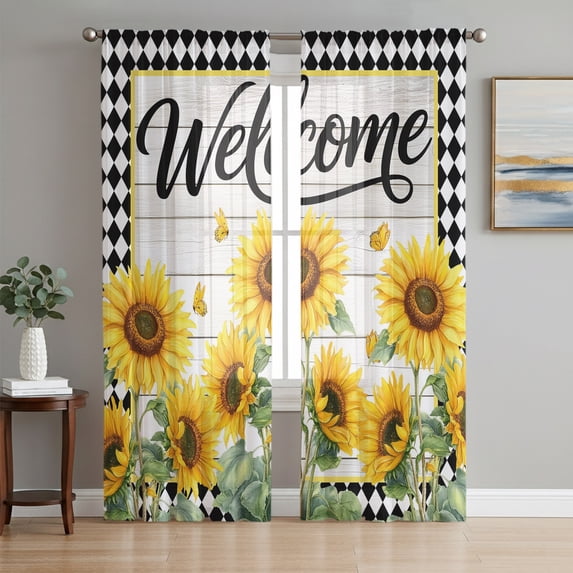Welcome Sunflowers Sheer Curtains 96 Inch Length 2 Panels Set, Floral Black Checker Rustic Wooden Voile Window Treatment Semi Sheer Long Curtains Drapes for Bedroom/Living Room/Kitchen 52"x96"x2
