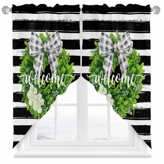 Welcome Swag Kitchen Curtain Valances, Spring Country Farm Green Boxwood Flowers Wreath Black Stripes Rod Pocket Curtains Window Treatment Decor Valances for Bedroom Bathroom, 2 Panels 36 x 36 Inch