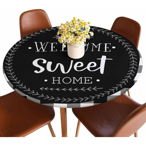 Welcome Sweet Home Round Tablecloths Elastic Edged Black White Buffalo Plaid Tablecloths Washable Reusable for Kitchen Picnic Party 40-44 inch