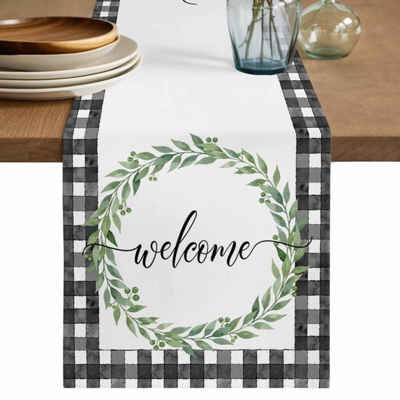 Welcome Table Runner 90 Inches, Spring Summer Green Leaves Rings Rustic Checkered Bed Runner Dresser Scarves Tabletop for Indoor Outdoor Parties/Ceremony/Banquet, 13" x 90"