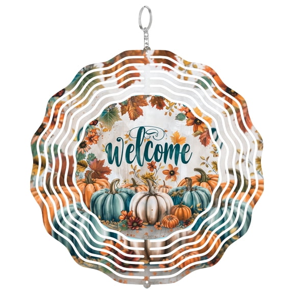 Welcome Teal And Orange Pumpkins 3D Wind Spinner Stainless Steel Kinetic Art Fall Porch Decor 10 Inch