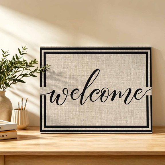 Welcome Text Canvas Wall Art, Rustic Script Linear Double Frame Beige Linen Texture Wall Art Prints Artwork Framed Canvas Ready to Hang Art Pictures for Bathroom, Dressing Table, Entryway 12" x 8"
