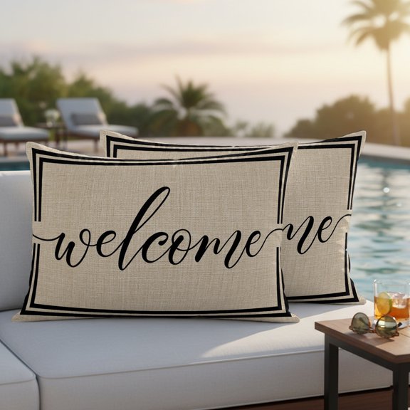 Welcome Text Outdoor Waterproof Throw Pillow Covers Set of 2, 20"x12", Rustic Script Linear Double Frame Beige Linen Texture Decorative Pillow Covers Outside Cushion Case for Patio Porch Garden