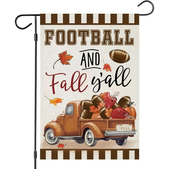 Welcome Thanksgiving Fall Garden Flags for Outside Decorations, FOOTBALL and Fall Y''all Truck with Maple Leaves Small Yard Flag, Harvest Autumn Seasonal Farmhouse Holiday Outdoor Decor 12.5x18