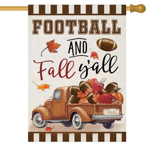 Welcome Thanksgiving Fall House Flags for Outdoor Decoration, FOOTBALL and Fall Y''all Truck with Maple Leaves Large Yard Flag, Decorative Thanksgiving Autumn Seasonal Farmhouse Holiday Outside Decor