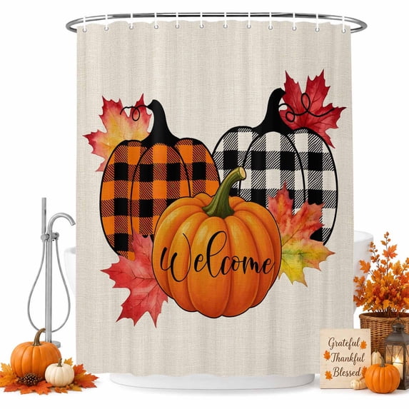 Welcome Thanksgiving Shower Curtain, Waterproof Shower Curtains for Bathroom, Fall Orange Black Pumpkins Mape Leaf Washable Fabric Bathtub Curtain Set Bath Decor with 12 Hooks Extra Long 72"x96"