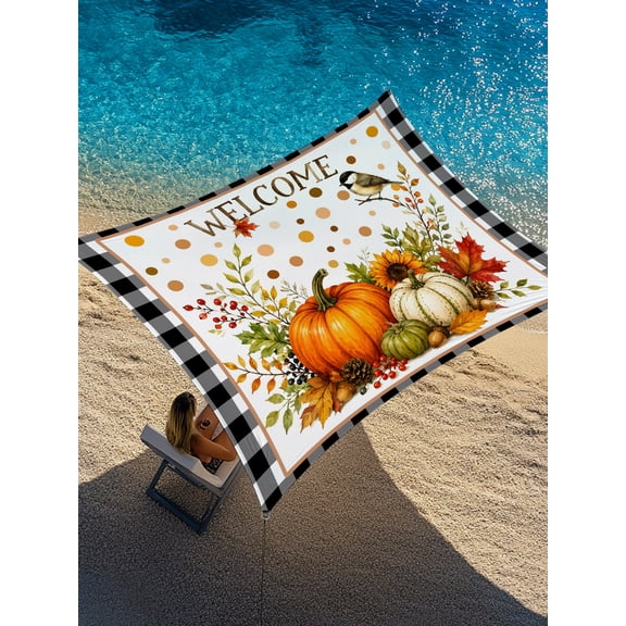 Welcome Thanksgiving Sun Shade Sail 12' x 16', Fall Pumpkin Sunflower Bird Maple Leaf Black Plaid Rectangle Outdoor Sunshade Canopy, Waterproof UV Block Patio Covers for Garden Yard Beach