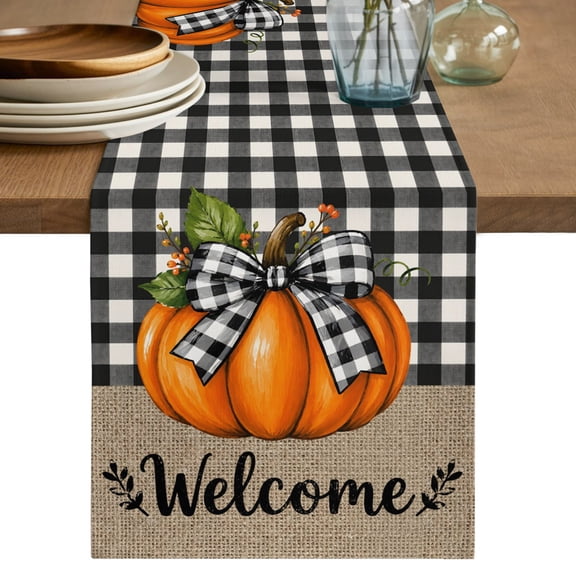 Welcome Thanksgiving Table Runner, Fall Rustic Orange Pumpkin Linen Gingham Cotton Linen Table Cloth, Tablerunner for Kitchen Dining Party Wedding Home Decor 13x48 Inch