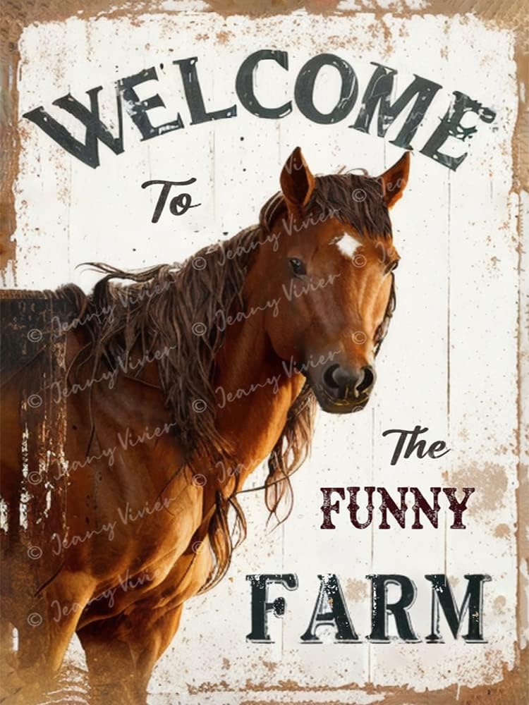 CREATCABIN Welcome To The Funny Farm Sign Chicken Metal Tin Sign Coq Vintage Peinture Affiche Plaque Rétro Fer Signe Mural Suspendu Mur Art Décor Pour Salle Bains Restaurant Maison Cafés 20x30cm