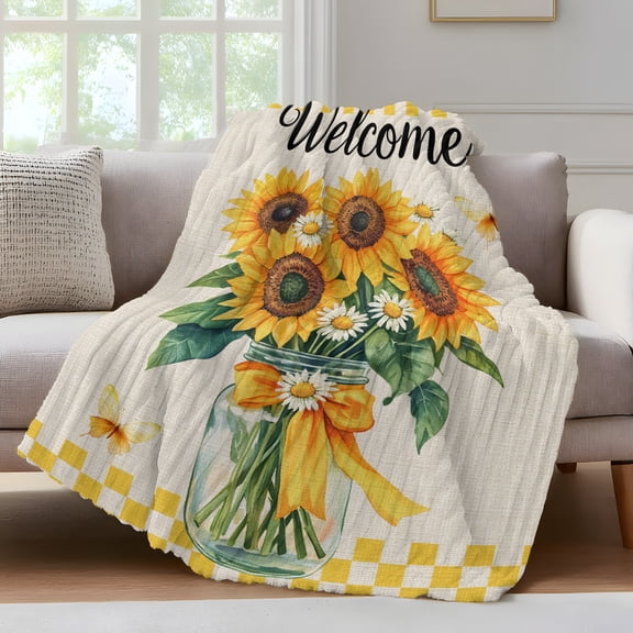 Welcome Throw Blanket for Couch Sunflowers Daisy Butterfly Yellow Check Linen Texture Soft and Warm Flannel 3D Striped Fluffy Fuzzy Fleece Blanket Lightweight Throw for Bed, Sofa 30 x 40 Inches