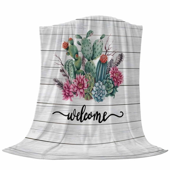 Welcome Throw Flannel Blanket Summer Cactus Succulents Arrow Country Grey Wood Grain Super Soft Cozy Bed Blanket, Lightweight Plush Fuzzy Bed Throw for Bedroom Sofa Couch Living Room 40x50In,
