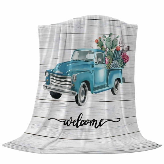 Welcome Throw Flannel Blanket Summer Car with Cactus Succulents Grey Wood Grain Super Soft Cozy Bed Blanket, Lightweight Plush Fuzzy Bed Throw for Bedroom Sofa Couch Living Room 40x50In,