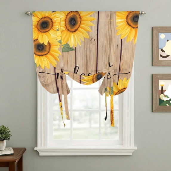 Welcome Tie Up Curtain 63 Inches Long, Vintage Sunflower Balloon Style Kitchen Window Curtain Over Sink, Small Window Rod Pocket Curtain 46"x63"