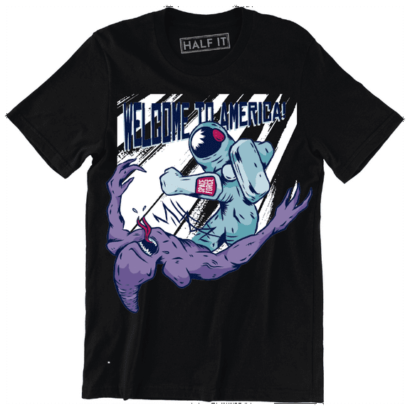 Welcome To America Astronaut Fighting Alien Print Funny Men's T-Shirt