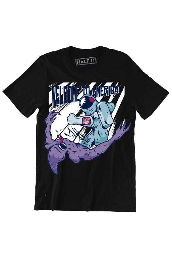 Welcome To America Astronaut Fighting Alien Print Funny Men's T-Shirt