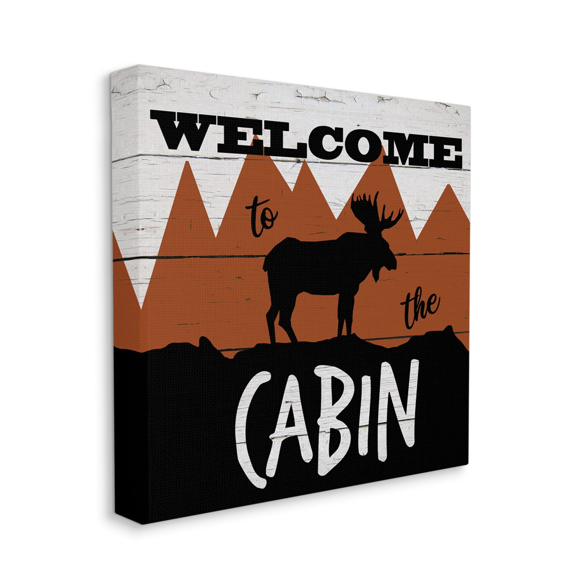 Welcome To Cabin Phrase Rustic Moose Orange Mountains Animals & Insects Gallery-Wrapped Canvas Print Wall Art, 17x17