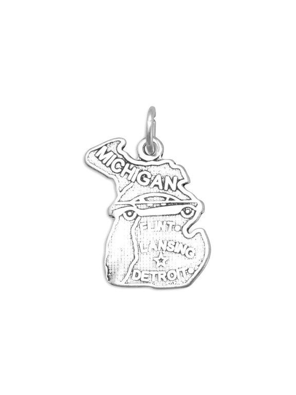 Welcome To Great Lakes State! Oxidized 925 Sterling Silver Michigan State Charm 14.5mm X 21.5mm Pendant Necklace for Wom