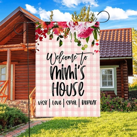 Welcome To Mimi's House Garden Flag Pink Plaid Floral Print, Double Sided 12x18 Inch Outdoor Yard Porch Decoration, Grandma Gift Idea