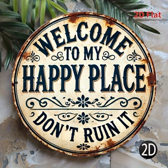 Welcome To My Happy Place Round Metal Sign, Vintage Letter Pattern Plaque, Decorative Plaque for Home Living Room Bedroom, Home Decor