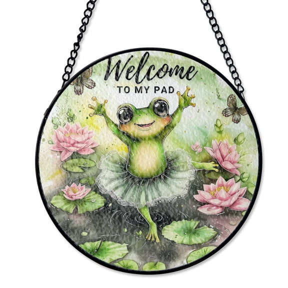 Welcome To My Pad Cute Frog Suncatcher, Stained Glass Style UV Printed Glass, Funny Amphibian Home Decor, Round