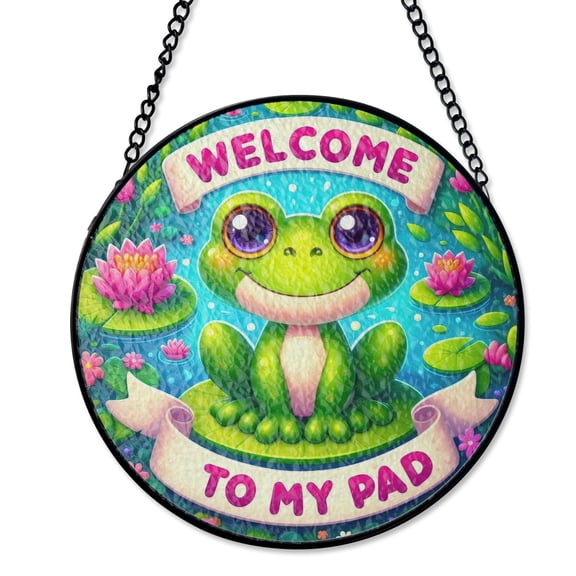 Welcome To My Pad Frog Stained Glass Suncatcher UV Printed Glass Funny Pond Decor Round