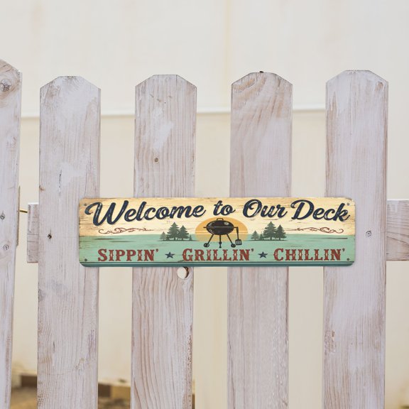 Welcome To Our Deck Barbecue Theme Metal Tin Sign For Patio Or Balcony Decor 4x16 Inch