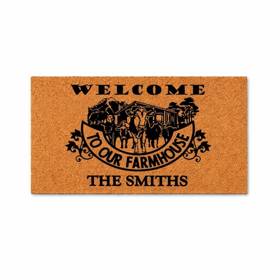 Welcome To Our Farmhouse, Farm Animals Barn And Mountains Design - Brown Coir PVC Outdoor Doormat (16x24 inches) 5358