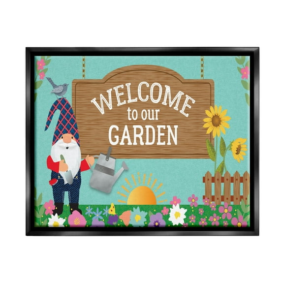 Welcome To Our Garden Gnome Fairy Tales & Fantasy Graphic Art Jet Black Framed Art Print Wall Art