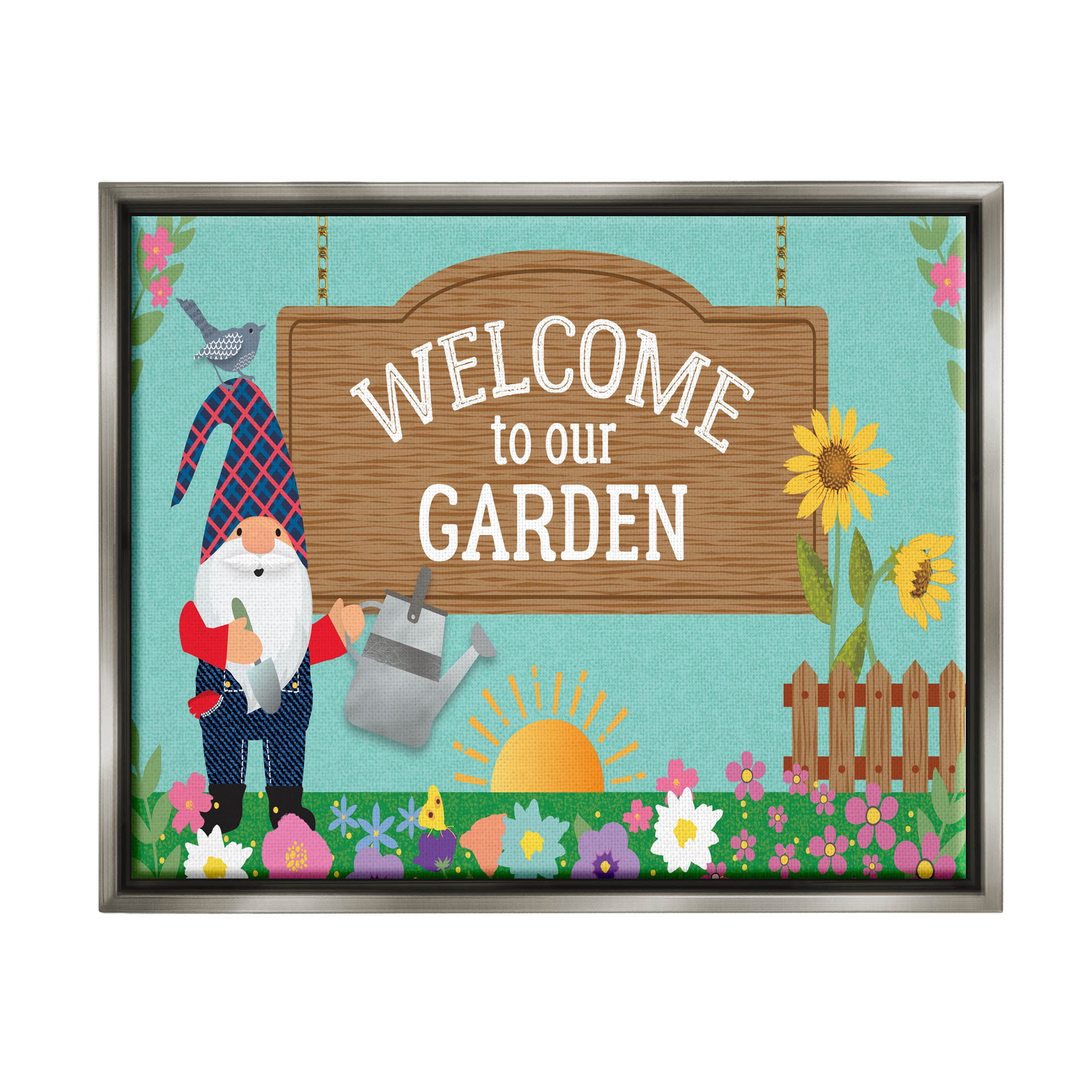 Welcome To Our Garden Gnome Fairy Tales & Fantasy Graphic Art Luster Gray Framed Art Print Wall Art