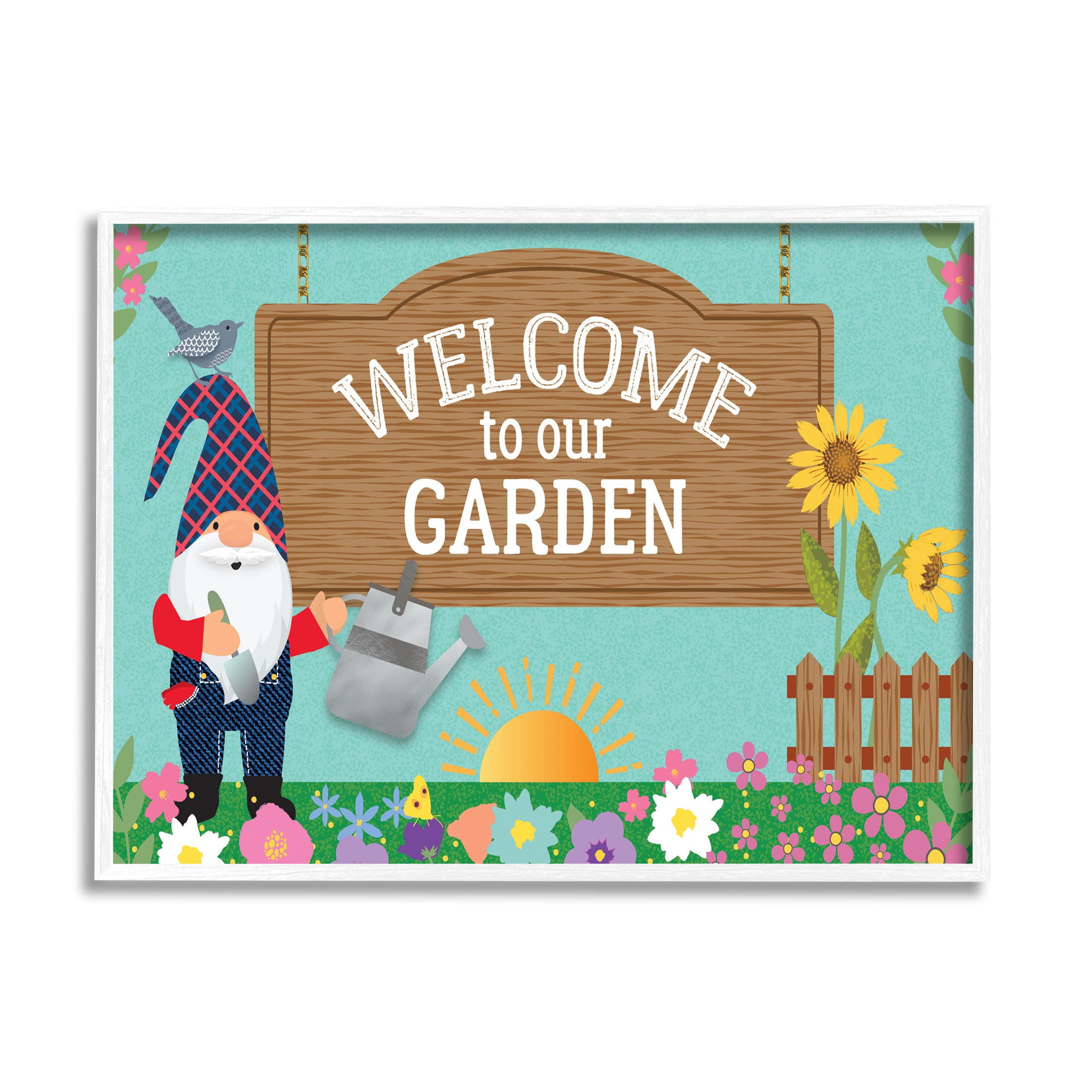 Welcome To Our Garden Gnome Fairy Tales & Fantasy Graphic Art White Framed Art Print Wall Art