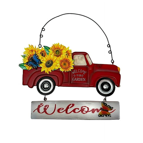 Welcome To Our Garden Red Metal Pick Up Truck Sign With Flowers For Entry Door Wall Porch Patio Garden Home Indoor Outdoor 12"x13"