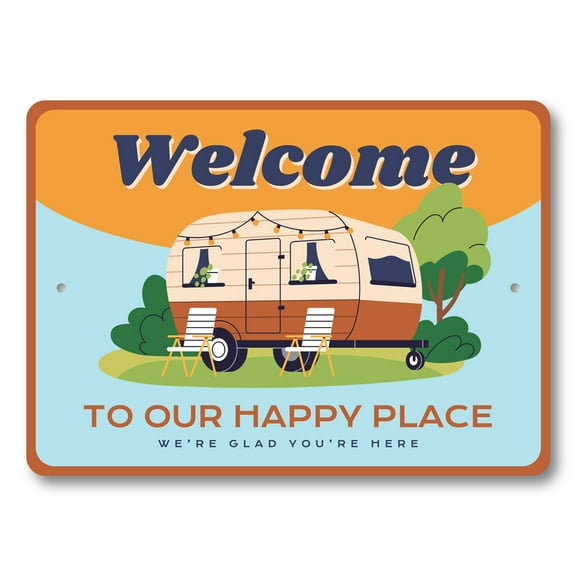 Welcome To Our Happy Place Camper Aluminum Metal Decor Sign - 10x14 inches
