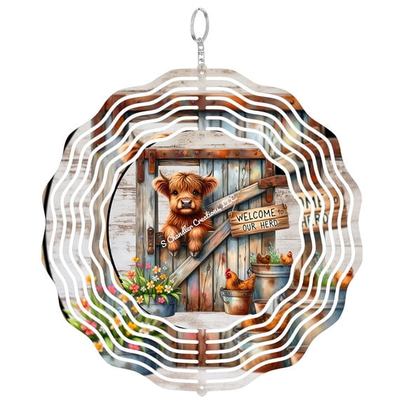 Welcome To Our Herd Highland Cow 3D Wind Spinner, Stainless Steel Decor, Farmhouse Garden Art
