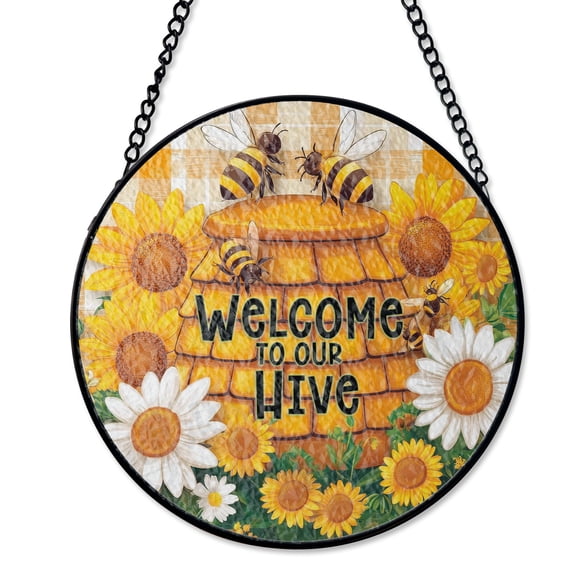 Welcome To Our Hive Bee Stained Glass Suncatcher UV Printed Glass Spring Garden Nature Decor Round