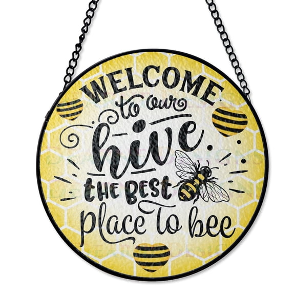 Welcome To Our Hive Bee Suncatcher Faux Stained Glass Apiary Theme Decor Round