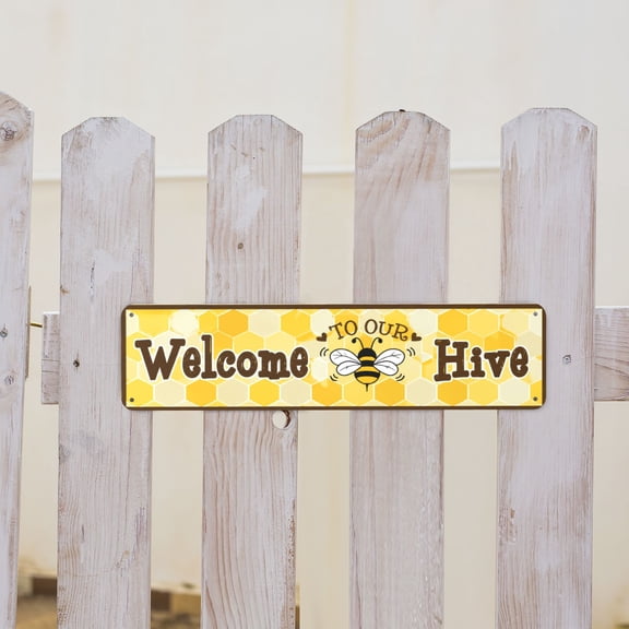 Welcome To Our Hive Bee Theme Metal Tin Sign For Farmhouse Kitchen And Home Coffee Corner Decor 4x16 Inch