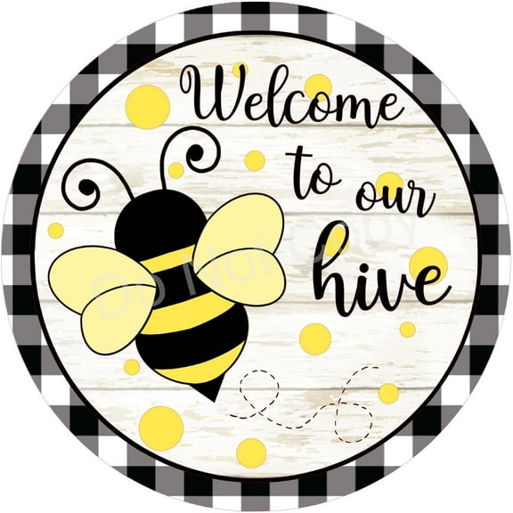 Welcome To Our Hive Bumble Bee Sign, Round Summer Wreath Sign, Bee Wreath Sign, Welcome Wreath Retro Metal Sign Home Decor 12x12 Inch