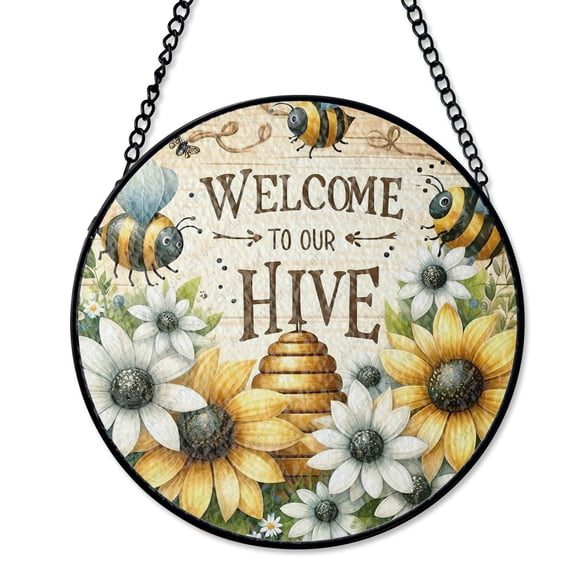 Welcome To Our Hive Bumble Bee Suncatcher Stained Glass Style UV Printed Glass Beekeeper Garden Gift Round