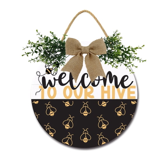 Welcome To Our Hive Door Sign Home Decor Round Wood Wreaths Wall Hanging Sign Farmhouse Porch Sign Front Door Decoration for Housewarming Gift All Seasons Holiday,11In