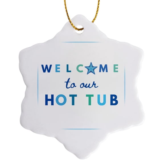 3drose, Welcome to Our Hot Tub - Blue and White Text Decorative Bathroom Decor, 3 inch Snowflake Porcelain Ornament