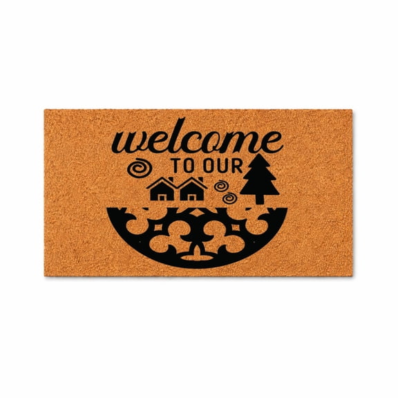 Welcome To Our, House And Tree Design - Brown Coir PVC Outdoor Doormat (24x48 inches)