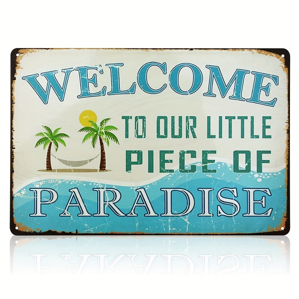 Rustic Aluminum Welcome Sign with Beach Design, 12x8 Inches