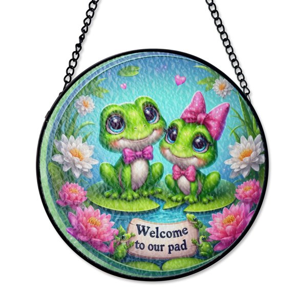 Welcome To Our Pad Cute Frog Couple Stained Glass Suncatcher Amphibian Lover Pond Gift