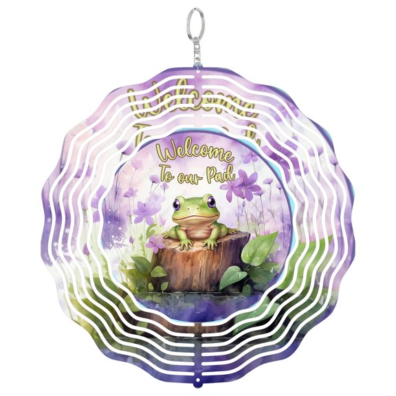 Welcome To Our Pad Frog Lavender 3D Wind Spinner, Stainless Steel Frog Lover Garden Decor, Round