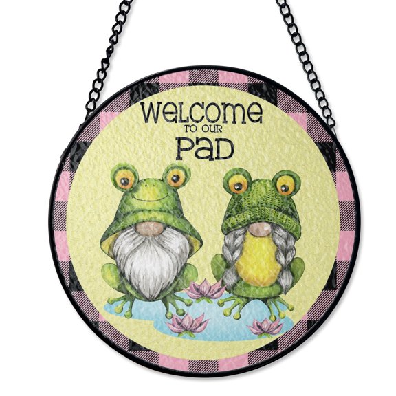 Welcome To Our Pad Frog Stained Glass Style Suncatcher, UV Printed Glass, Cute Green Pond Animal Decor, Round